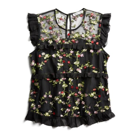 Heartloom Black ruffled + embroidered Mesh blouse - Picture 1 of 7